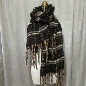 Large 21x77 Scarf-Black Plaid-Twisted Fringe Detail
